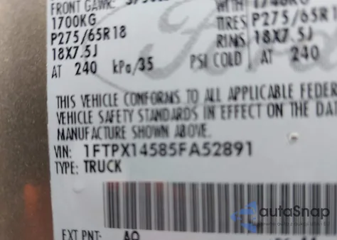 2005 Ford F-150 Fx4/Lariat/Xl/Xlt z USA, uszkodzony, nr VIN 1FTPX14585FA52891